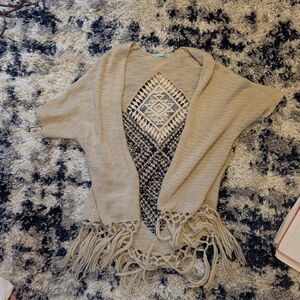 Maurices Beige Fringe Knit Open Cardigan with Aztec Panel